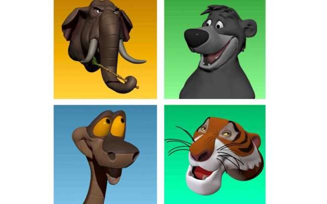 4 characters from The Jungle Book as 3D sculptures