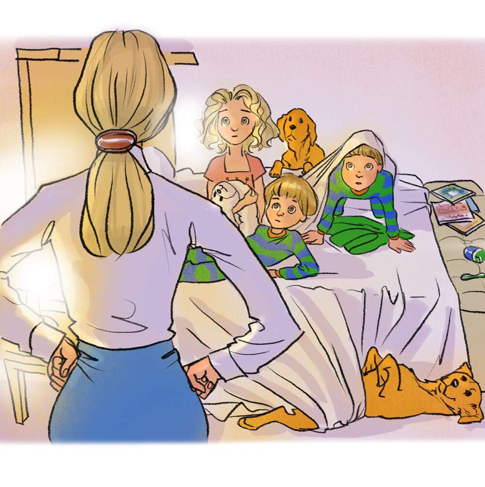 Children's book illustration showing a stern mother with hands on hips having words with her children who are on the bed, having been caught being naughty. Pencil linework and watercolor and pastel colors illustrated digitally.