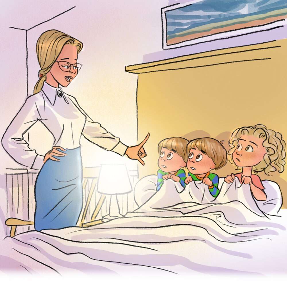 Three children, twin boys and a girl, being admonished by mom. The children are sitting up in a large bed while mom stands beside the bed wagging her finger at them. Pencil linework and watercolor and pastel colors illustrated digitally.