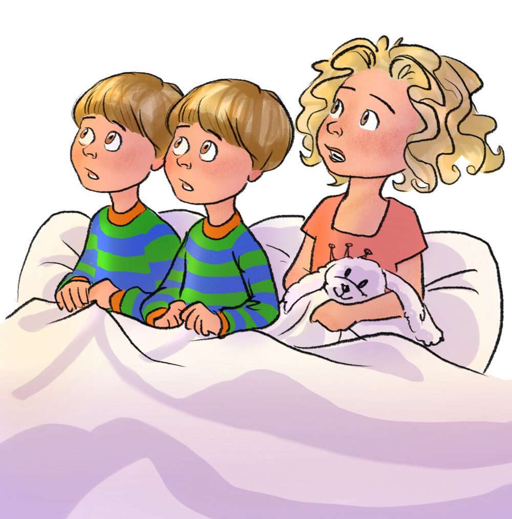 Two twin boys and their slightly older sister sitting up in bed with nervous expressions. A children's book illustration with pencil linework and watercolor and pastel colors illustrated digitally.
